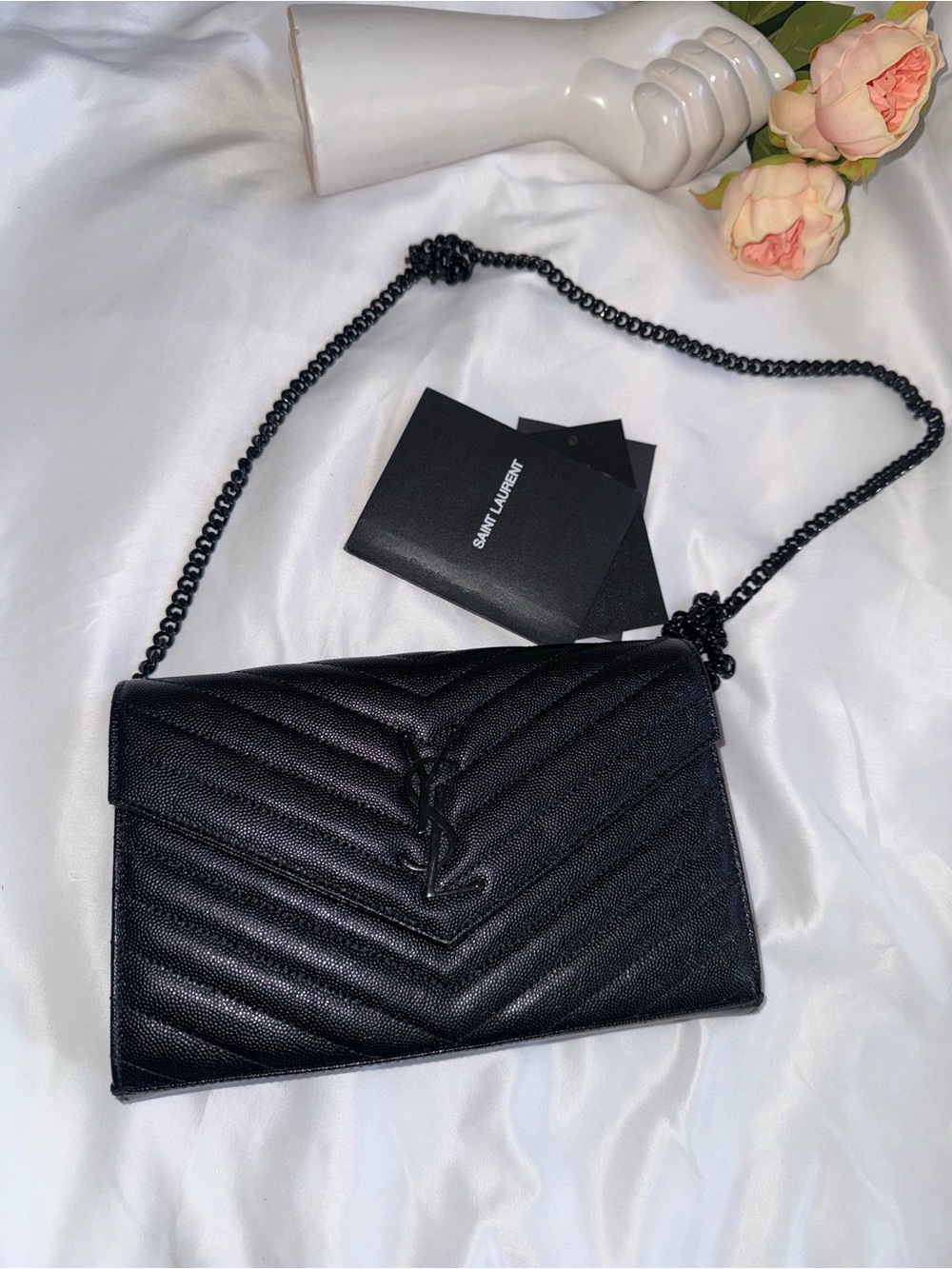 Saint Laurent Black Quilted Chevron Leather Crossbody Wallet